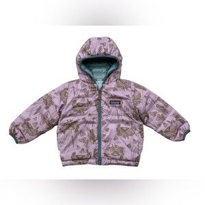 Patagonia Size 2T Reversible Down Sweater Hoodie in Teal Lavender Floral Birds